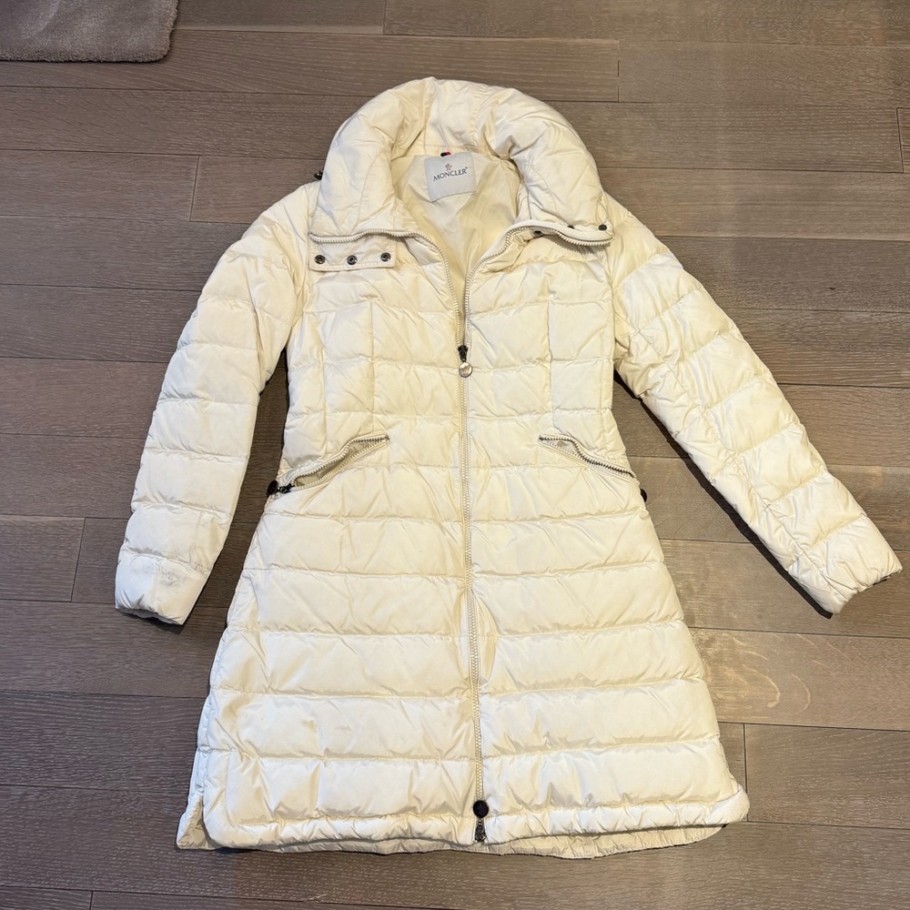 White Moncler mid-length puffer coat